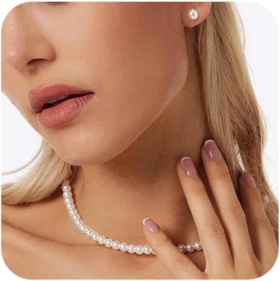 Gold Jewelry Set for Women - Dainty 14K Gold/Silver Plated Pearl Choker Necklace, Drop Earrings & Bracelets - Wedding Trendy Pearl Jewelry Gift