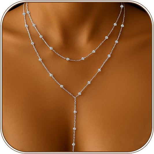 HAXIYA Lariat Gold Necklace for Women Dainty Long Necklace 14k Gold Plated/Silver Y-Shaped Pendant Drop Chain Trendy Layered Pearl/Beaded/CZ Necklaces Simple Gold Jewelry For Women Gift