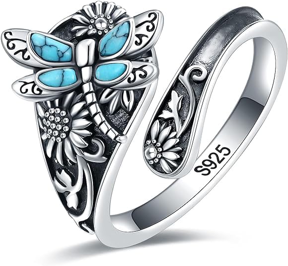 S925-Sterling-Silver Abalone Dragonfly-Turquoise Spoon Ring - Vintage Boho Sunflower Thumb Oxidized Wrap Rings Victorian Style Antique Floral Jewelry Gifts for Women