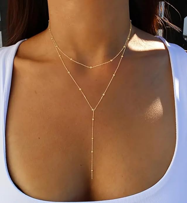 iF YOU Lariat Gold Long Necklaces for Women Trendy, Dainty 14K Gold Plated Drop Chain Necklace, Layered Rosary Beaded Y Necklaces Simple Fashion Jewelry Gifts