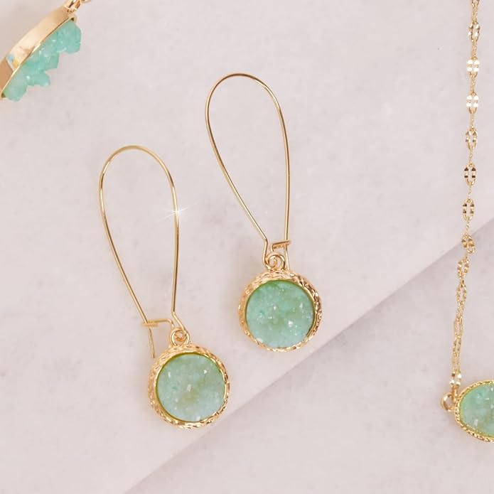 Simulated Druzy Threader Drop Earrings for Women - Gold, Silver, or Rose Gold Tone Trendy Boho Dangles with Sparkly Round Stone