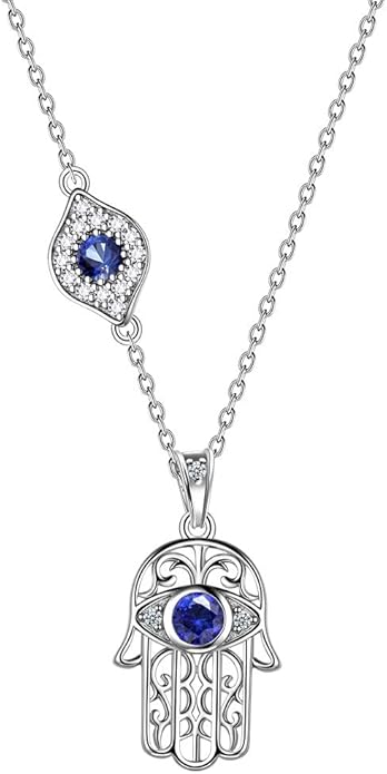 Evil Eye Necklace Evil Eye Hamsa Hand of Fatima Necklace 925 Sterling Silver Fine Jewelry Gifts for Womens White Blue CZ Third Eye Stud Earrings Turkish Eye Ring Hamsa Hand Jewelry Set Gifts Valentine Day Chrismtas Gifts