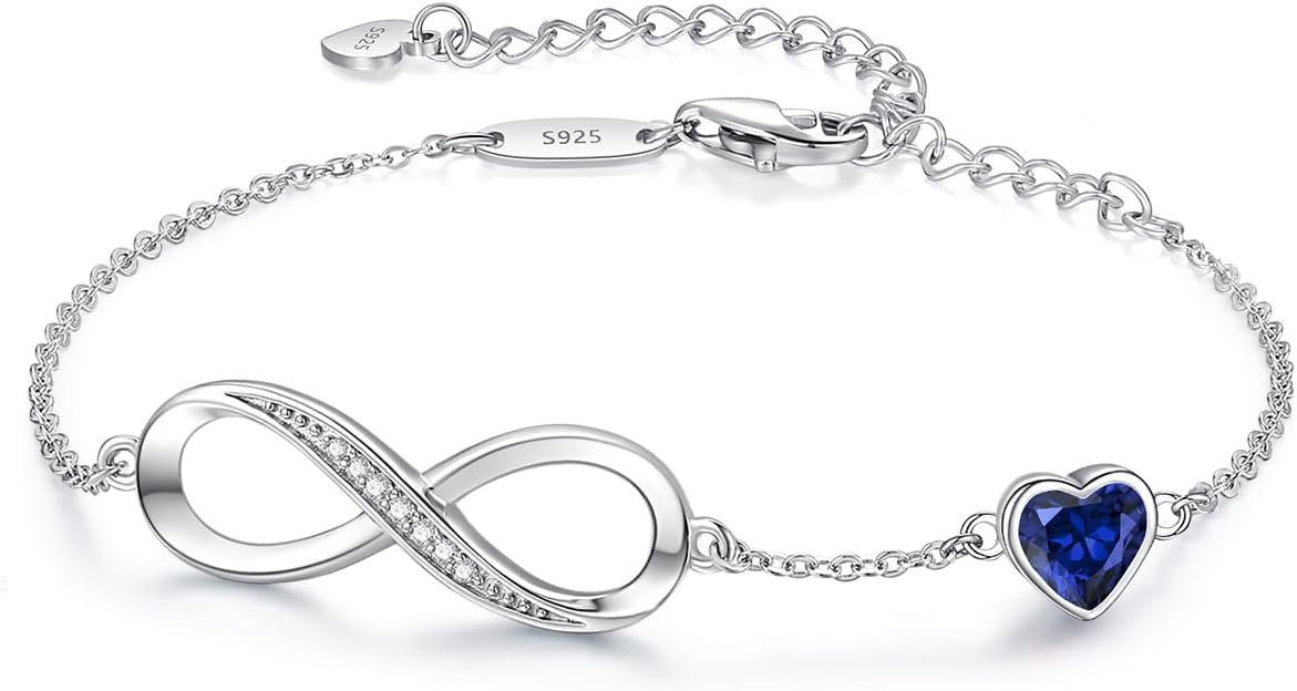 CDE Infinity Heart Birthstone Charm Link Bracelet for Women 925 Sterling Silver Adjustable Mother's Day Gift Anniversary Birthday Jewelry for Wife Girlfriend Her