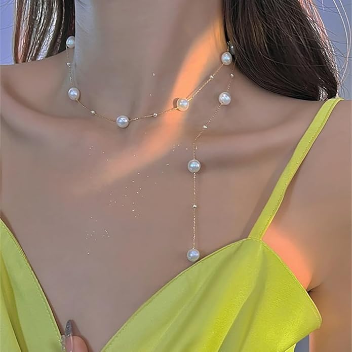 Boho Pearl Y Shape Necklaces for Women, Dainty 14k Gold Plated Pearl Beaded Chain Choker Necklace Trendy Jewelry Accessories Gift