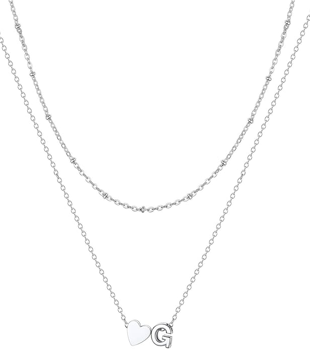 FOCALOOK Layered Initial Necklace for Women, 14K Gold Plated Choker Necklaces Stacks with Initial A-Z, Dainty Silver Heart Pendant Necklace Personalized Birthday Women Jewelry