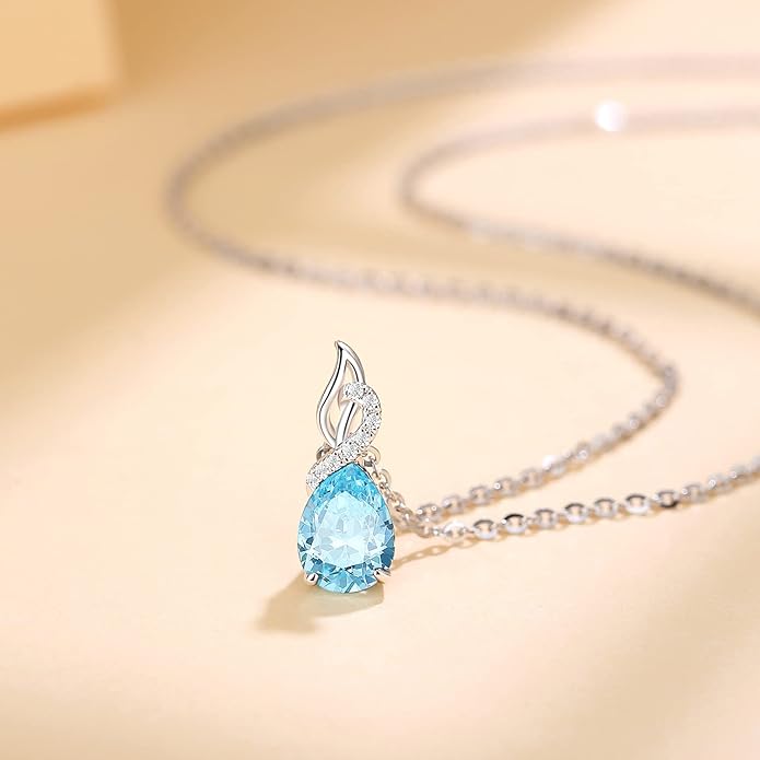 FANCIME 14K Solid White Gold Teardrop Pendant with Diamond Birthstone Necklace