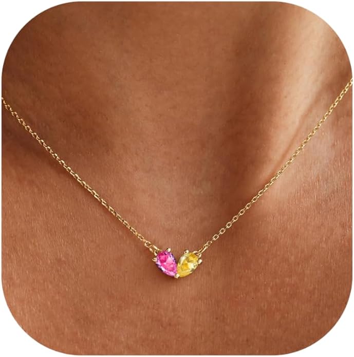 KOHOTA Gold Birthstone Necklace for Women Non Tarnish 14K Gold Plated CZ Heart Pendant Necklaces Dainty 2 Birthstones Emerald Green Charm Necklace for Mother and Daughter Birthday Jewelry Gifts
