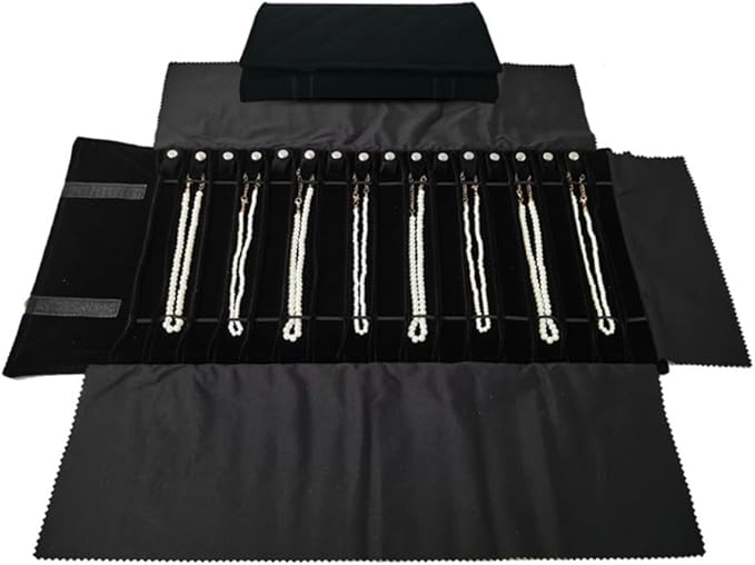 SCIKHEFT Portable Jewelry Roll Untangled Secure Necklace Travel Storage Bag Displays Holder 16 Chain (Black Diamond)