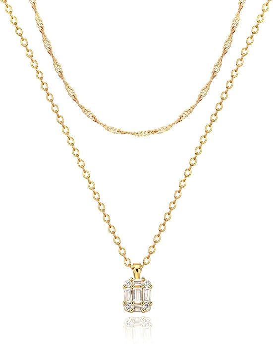 Zeffy Diamond Necklaces for Women, Dainty Gold Necklace 18k Gold Plated Layered Necklaces Simple Gold CZ Diamond Pendant Necklaces for Women Trendy Jewelry Gifts for Girls