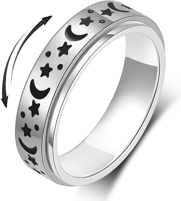 AmorArtSky Anxiety Ring for Women Men, Titanium Stainless Steel Spinner Ring, 5 Colors, 6MM, Size 6-10, 3 Styles Anxiety Ring-Moon Star, Sandblasted Finished, Hollow Outer