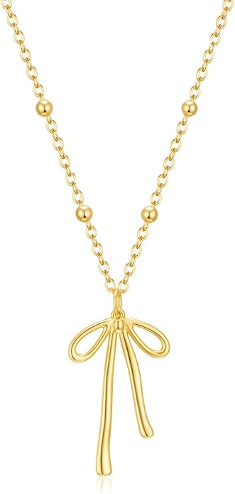 Gold Necklace for Women Dainty Bow Necklace 14K Gold Plated Cute Choker Necklace Small Bow Pendant Charm Necklaces Teen Gift Trendy Stuff Personalized Jewelry Gifts