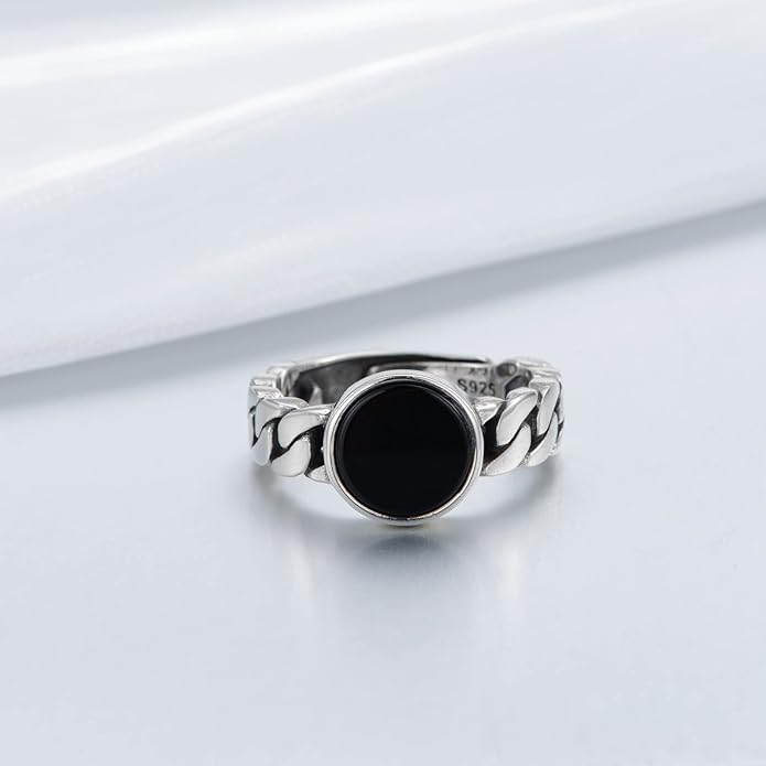 925 Sterling Silver Vintage Oxidized Style Black Onyx Adjustable Ring Casual Jewelry Gifts for Women