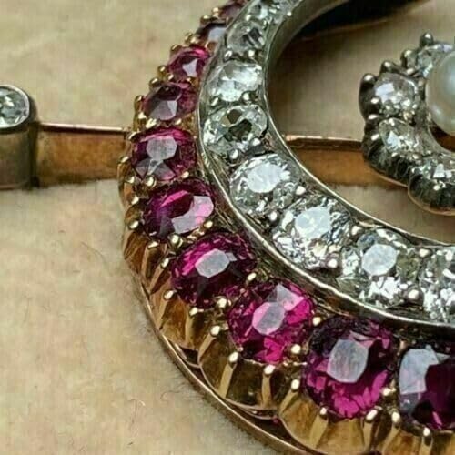 2.00 Ct Round Simulated Pink Ruby & White Diamond, White Pearl Moon Women Brooch Pin 14k Yellow Gold Plated 925 Silver