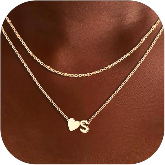 FOCALOOK Layered Initial Necklace for Women, 14K Gold Plated Choker Necklaces Stacks with Initial A-Z, Dainty Silver Heart Pendant Necklace Personalized Birthday Women Jewelry