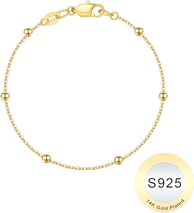 IEFWELL S925 Sterling Silver Bracelet for Women - Solid 14K-Real-Gold-Plated Satellite Bead Chain Bracelet, 6.5/7/7.5/8/8.5/9 Inches Sterling Silver Chain Bracelets, Jewelry Gifts for Women