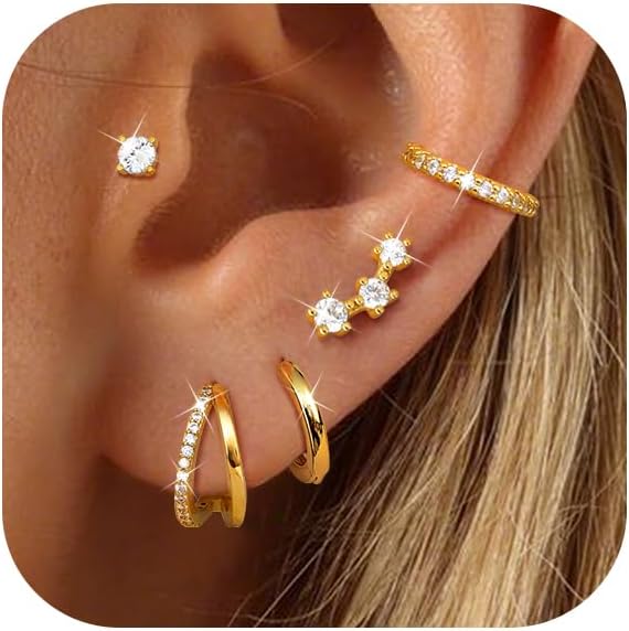 Florideco 925 Sterling Silver Earrings for Women Trendy Hypoallergenic Small Gold Hoop Earrings 14K Gold Plated Stud Earring Sets for Multiple Piercing CZ Ear Cuff Cartilage Earring Stacks