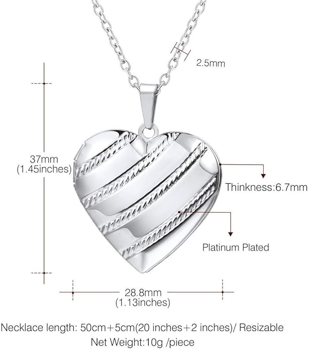 U7 Women Locket Necklace Platinum 14K Gold Photo Lockets that Hold Picture,Chain 20 Inch Personalized Gift Custom Love Heart Image Necklaces