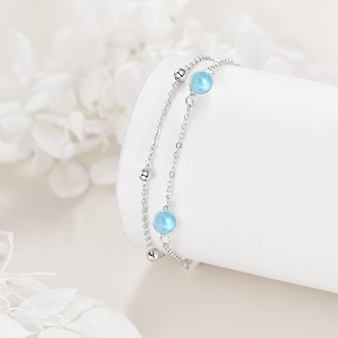 CRMAD Pearl/Moonstone/Larimar/Turquoise/Opal/Black Onyx Bracelet Anklet for Women Sterling Silver Beach Jewelry Gift for Women