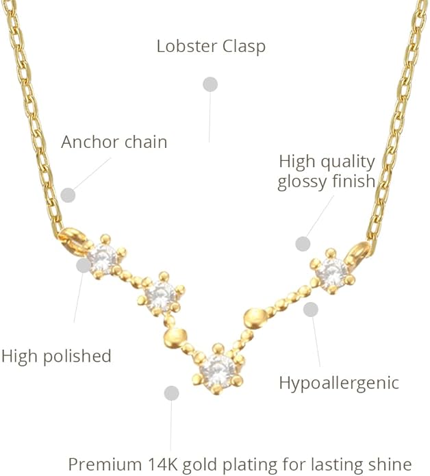 Zodiac 18K Gold Plated CZ Necklace With Message Card, Yellow Gold Color, Anchor Chain, Best Gift Necklace, Size 16 inch + 2 inch Extender, Pendant, Constellation, Gift Card