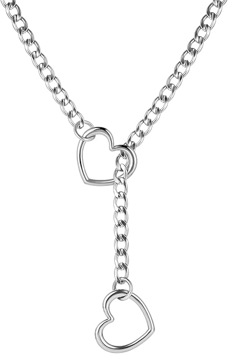 Heart Slip Chain Necklaces for Women,Stainless Steel O-Ring Adjustable Lariat Y-Necklace,Punk Gothic Cuban Collar Choker Necklace for women