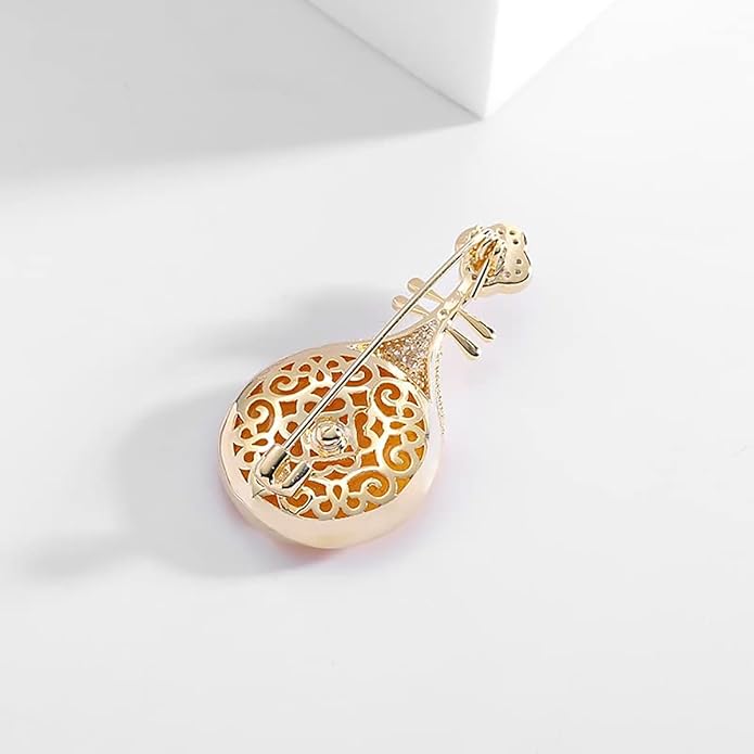 14K Gold Pipa-Shaped Brooch with Moissanite Accents - Elegant Chinoiserie Handcrafted Jewelry, Unique Shawl Pin for Women, Ideal Gift for Birthdays and Special Events