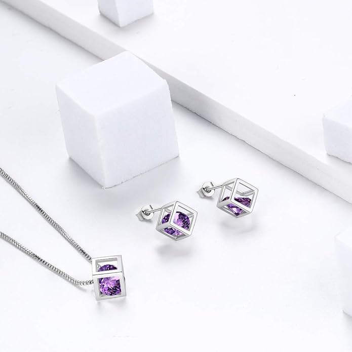 Aurora Tears Birthstone Necklace/Earring 925 Sterling Silver Women Cross/3D Cube/Cresent Moon Birth Stone Jewelry Mens Birthday Gift Anniversary Present