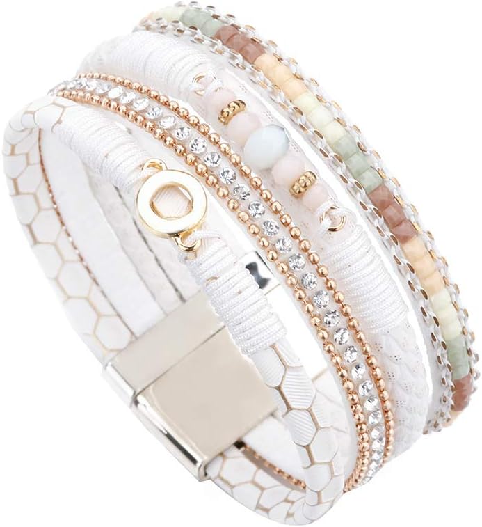 Fesciory Leather Wrap Bracelets for Women, Boho Leopard Multi-Layer Crystal Beads Cuff Bracelet Jewelry