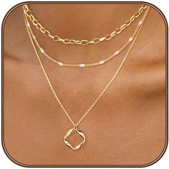 Gold Layered Necklaces for Women 14k Gold Plated Dainty Stackable Choker Necklaces for Women Trendy Layering Chain Cute Pendant Necklace Set Gold Jewelry for Women