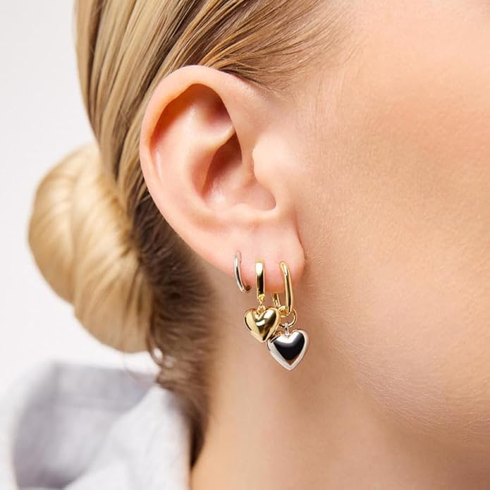 Ana Luisa Puffed Heart Earrings - Heart Charm Huggie Hoops and Earring Stud Styles - Dainty 14K Gold Plated, Silver Rhodium Plated & Mixed Metal Silver & Gold Earrings - Hypoallergenic Water-Resistant