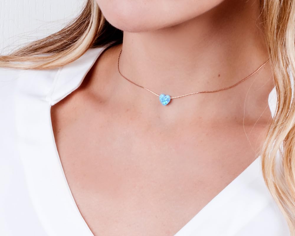 Blue Opal Heart on 14K Gold Filled Choker Necklace - Designer Handmade Thin Collar for Women - Length: 13.5 inch + 3 inch Extender (sky blue, rose gold filled)