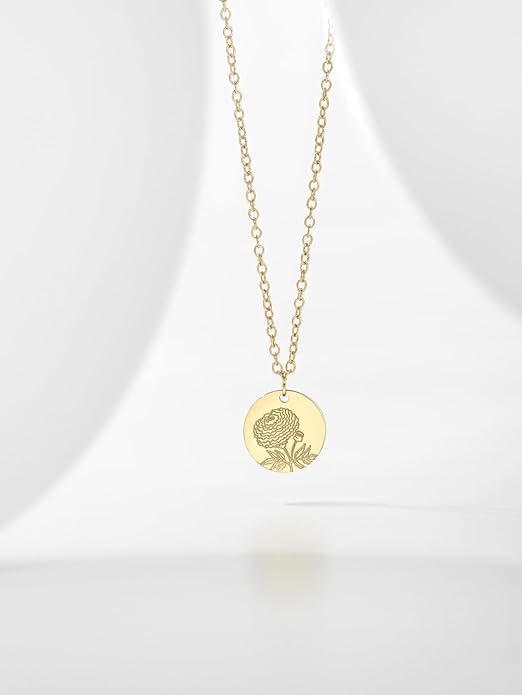 Birth Flower Necklace, 14K Gold Plated Floral Pendant Necklaces for Women, Simple Dainty Birth Month Flower Necklace, Birthday Jewelry for Women - 12 Month