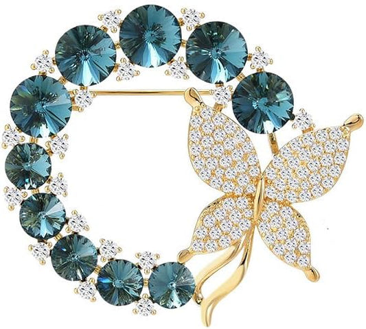 14K Gold Grand Butterfly Brooch with Crystal Embellishments, Circular Design Adorned with Natural Pearl, Luxurious and Elegant Pin for Stylish Attire