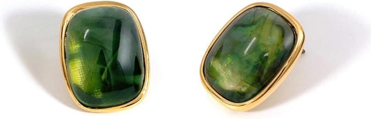 M.DUN- Round Edges Rectangle Shape Studs Earring. Abalone Amber Turquoise Resin Stone Design, 18k Real Gold Plated Bezel, Hypoallergenic Gorgeous Gift for Women