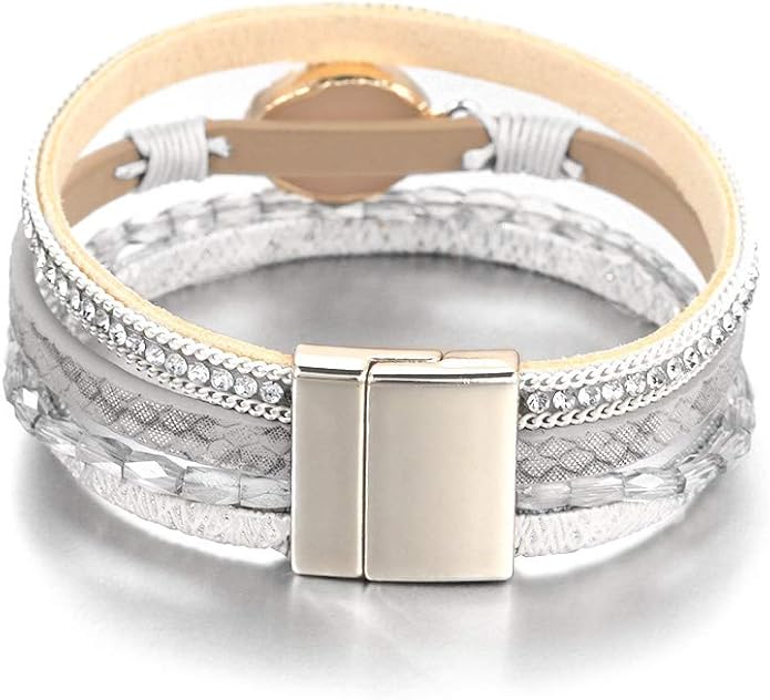 Fesciory Leopard Bracelet for Women, Boho Leather Wrap Multi-Layer Pearl Crystal Bracelet Bangle Jewelry