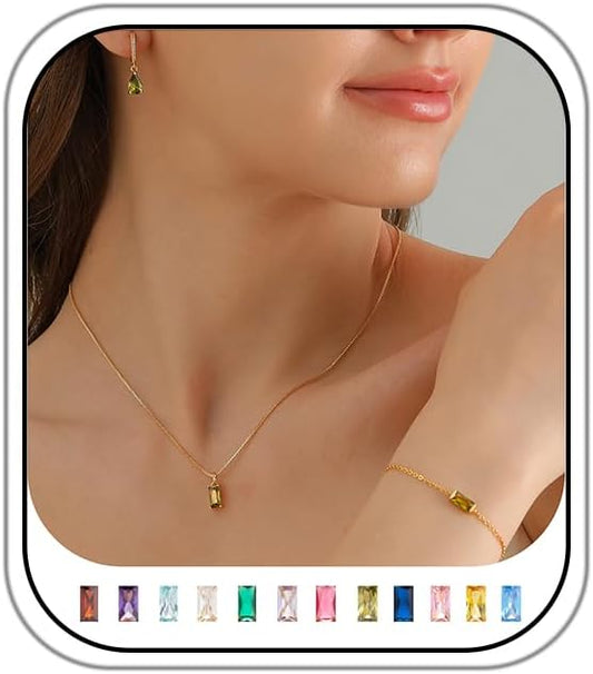 Birthstone 14K Gold Plated Bracelets Earrings Necklaces Jewelry Set， Blue Green May Cubic Zirconia，Friendship Bracelets Jewelry Gifts for Mom Best Friend Birthday