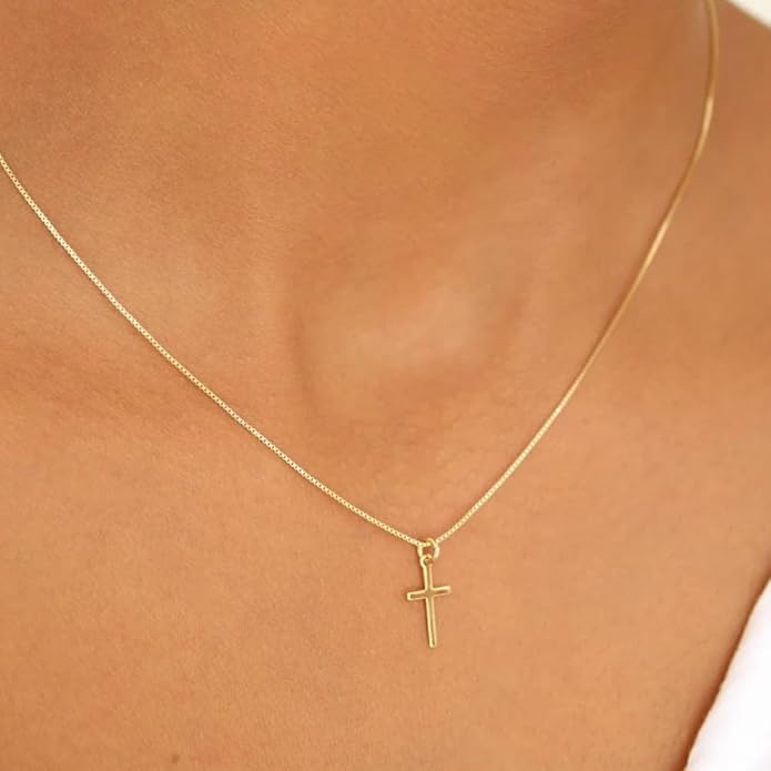Cross Necklace for Women 14K Gold Silver Plated Dainty Small Cross Pendant Choker Simple Trendy Cute Cross Charm Chain Necklace Easter Basket Stuffers Baptism Religious Faith Jewelry Gift