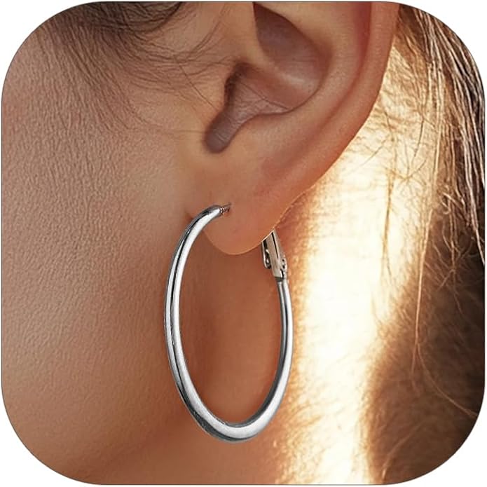 FOCALOOK 14K Gold Plated Lightweight Large Hoops| 2mm Thin Hoop Earrings for Women 30/40/50/70/100mm