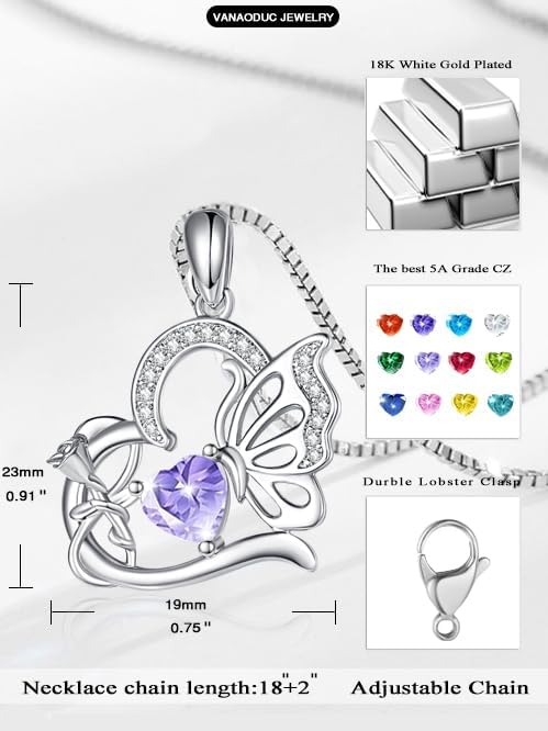 Birthstone Heart butterfly Necklace for Women, Infinity Pendant 14K Gold /18K White Gold Womens Necklaces, Jewelry Anniversary Birthday Christmas Gifts for Her Mom Wife﻿