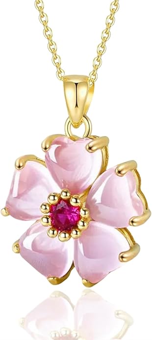 VONSSY Elegant Cherry Blossom Necklace Earrings Pink Cats Eye Flower Flora Sakura Gemstone Crystal Pendant 18k Gold Plated Chain Jewelry Set Gift for Woman Wife Girlfriend
