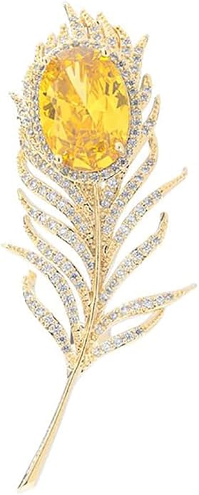 14K Gold Feather Brooch Pin with Moissanite Inlay - Elegant Coat and Suit Accessory for Women, Fashionable Business Attire Enhancement