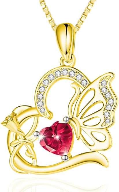 Birthstone Heart butterfly Necklace for Women, Infinity Pendant 14K Gold /18K White Gold Womens Necklaces, Jewelry Anniversary Birthday Christmas Gifts for Her Mom Wife﻿