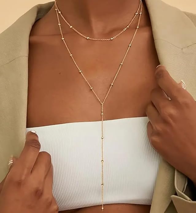 iF YOU Lariat Gold Long Necklaces for Women Trendy, Dainty 14K Gold Plated Drop Chain Necklace, Layered Rosary Beaded Y Necklaces Simple Fashion Jewelry Gifts