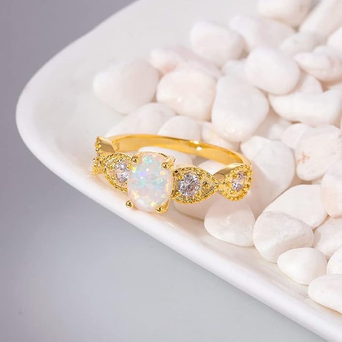 CiNily 18K Gold Plated Opal Ring-White Fire Opal & Amethyst & Cubic Zirconia Women Jewelry Gemstone Engagement Anniversary Ring Size 5-13