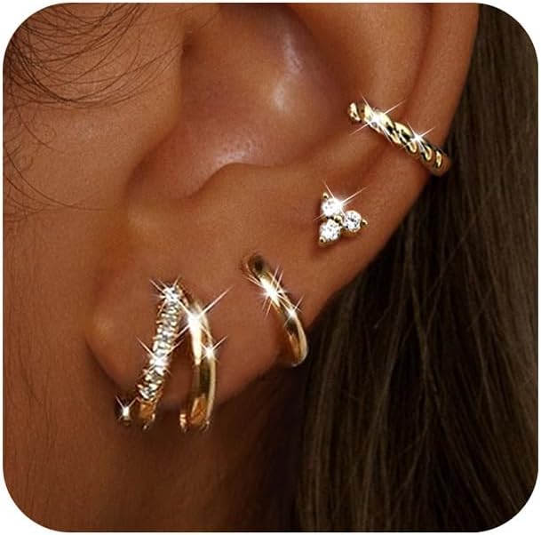 BESTEEL Small Hoop Earrings for Women - Hypoallergenic 14K Gold Plated Surgical Steel Chunky Huggie Earings Stacks Set Dainty Cute Cartilage Flat Back Stud Jewelry Trendy Gift 4 Pairs