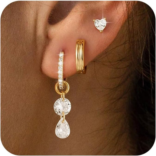 3 Pairs Earrings Set for Multiple Piercings, Gold Plated Studs Hoop Earrings Stack, CZ Dangle Earrings Set, Hypoallergenic for Sensitive Ears, Women's Gift