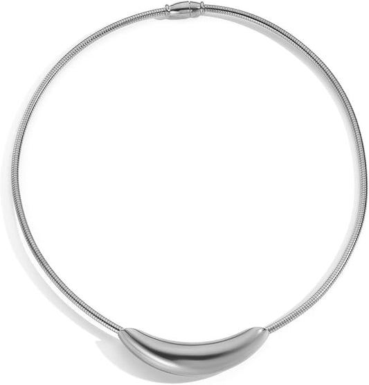 Stailess Steel Metal Curved Bar Tube Choker Necklace For Women,Statement Chunky Snake Chain Horizontal Round Tube Jewelry Necklace