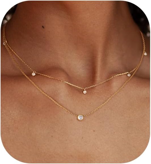 Layered Necklaces for Women,Dainty 14k Gold Plated Choker Necklace Stack Trendy Simple Diamond Pendant Necklace Set for Women Non Tarnish Cute Layering Cubic Zirconia Necklace Fashion Waterproof Jewelry for Women