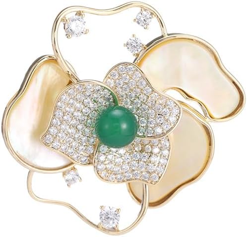 14K Gold Mother of Pearl Camellia Brooch, Luxury Moissanite Flower Pin, Sophisticated Accessory for Dinners and Parties