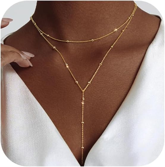 Luxval Lariat Gold Necklace for Women, Dainty Long Necklace 14k Gold Plated/Silver Y-Shaped Pendant Necklaces Trendy Beaded Chain Drop Necklaces Jewelry for Women Gifts