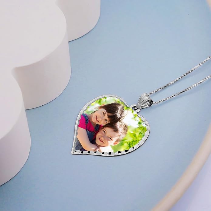PicturesOnGold.com Personalized Photo Engraved Heart Shaped Picture Necklace with Diamond Cut Edge in Silver, Gold, White Gold or Rose Gold - 1 Inch x 1 Inch